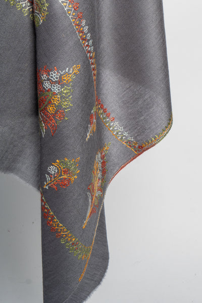 Slate Garden: Sozni Hand-Embroidered Merino Wool Scarf