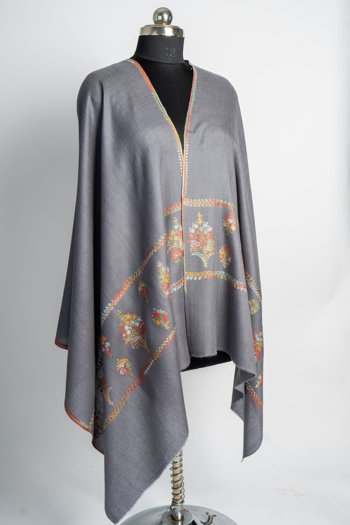Slate Garden: Sozni Hand-Embroidered Merino Wool Stole