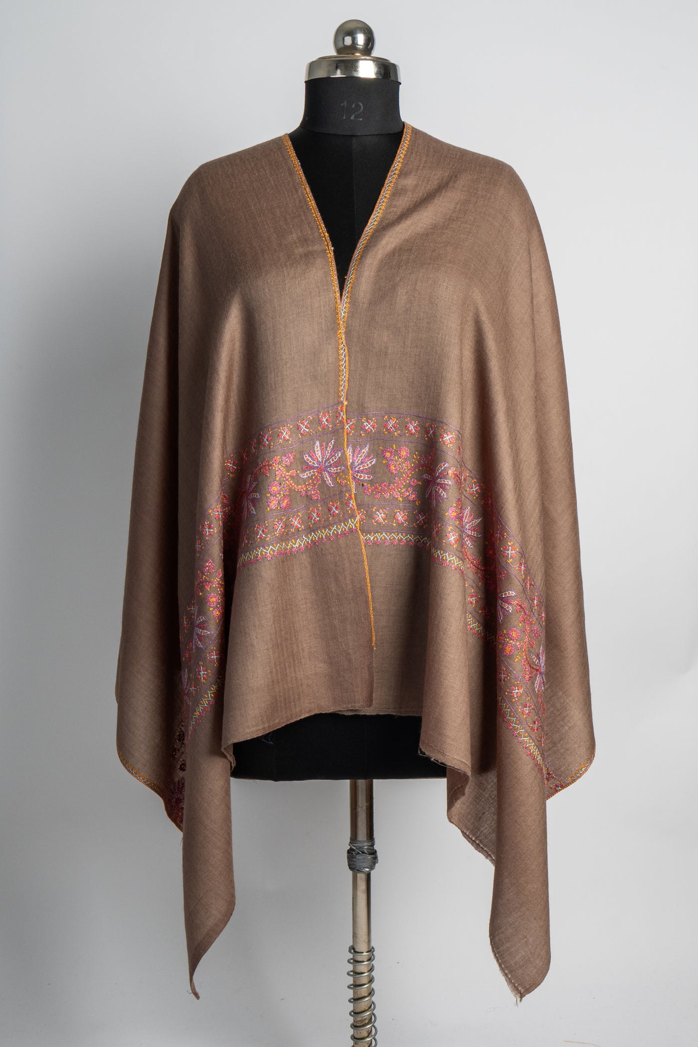 Cocoa Bloom: Hand-Embroidered Sozni Merino Wool Scarf