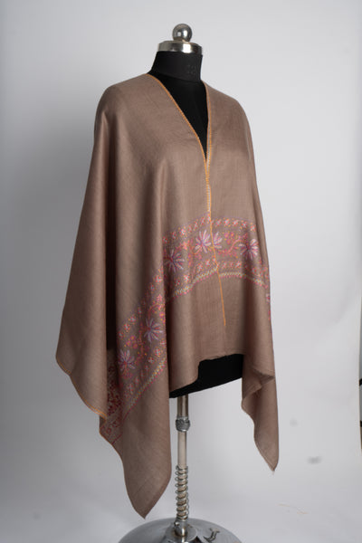 Cocoa Bloom: Hand-Embroidered Sozni Merino Wool Scarf