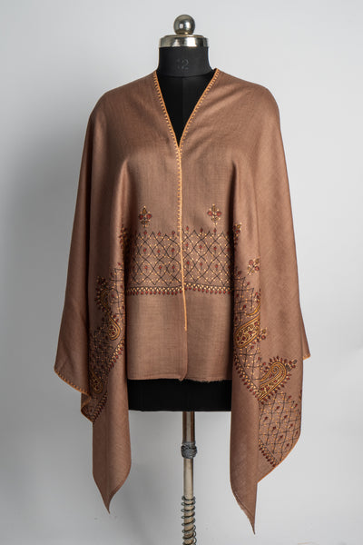 Chestnut Majesty: Sozni-Embroidered Merino Wool Scarf