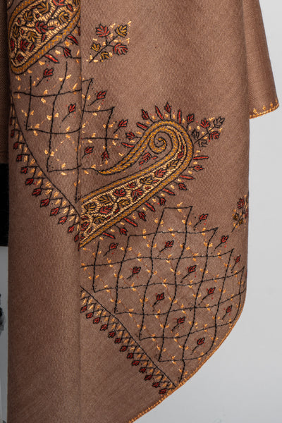 Chestnut Majesty: Sozni-Embroidered Merino Wool Scarf