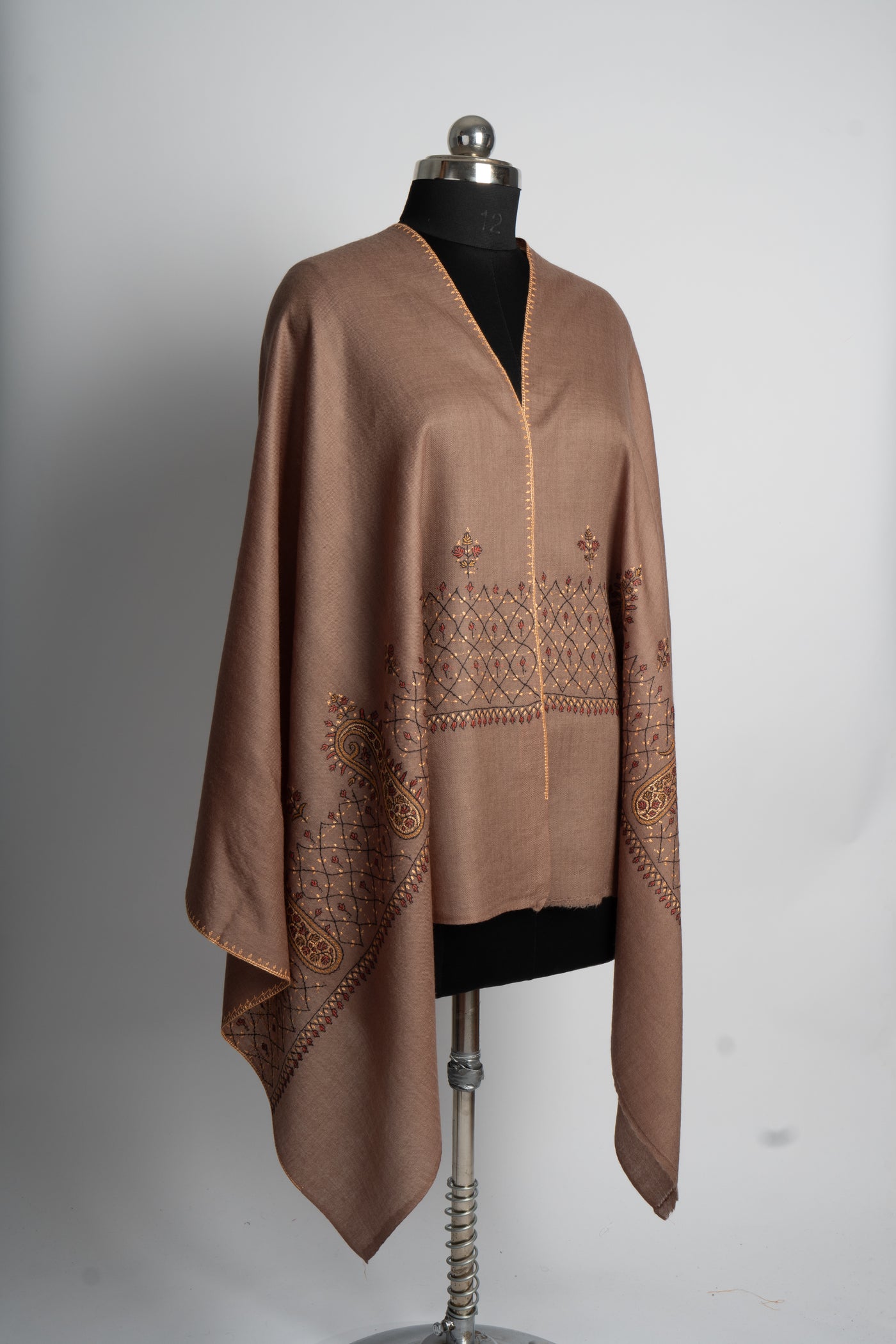 Chestnut Majesty: Sozni-Embroidered Merino Wool Scarf