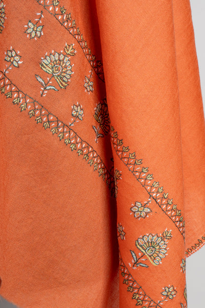 Tangerine Glow: Sozni-Embroidered Merino Wool Scarf