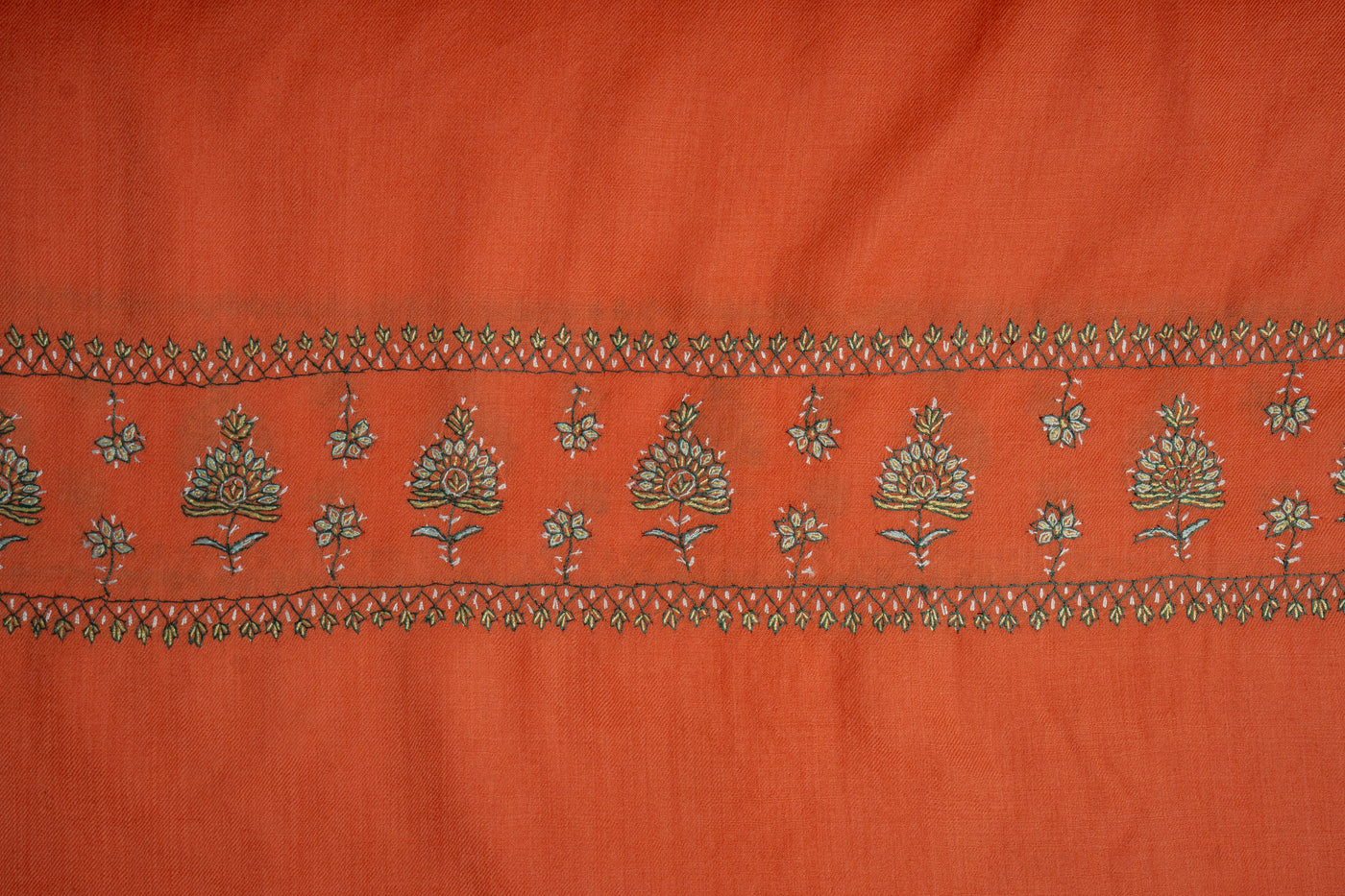 Tangerine Glow: Sozni-Embroidered Merino Wool Scarf