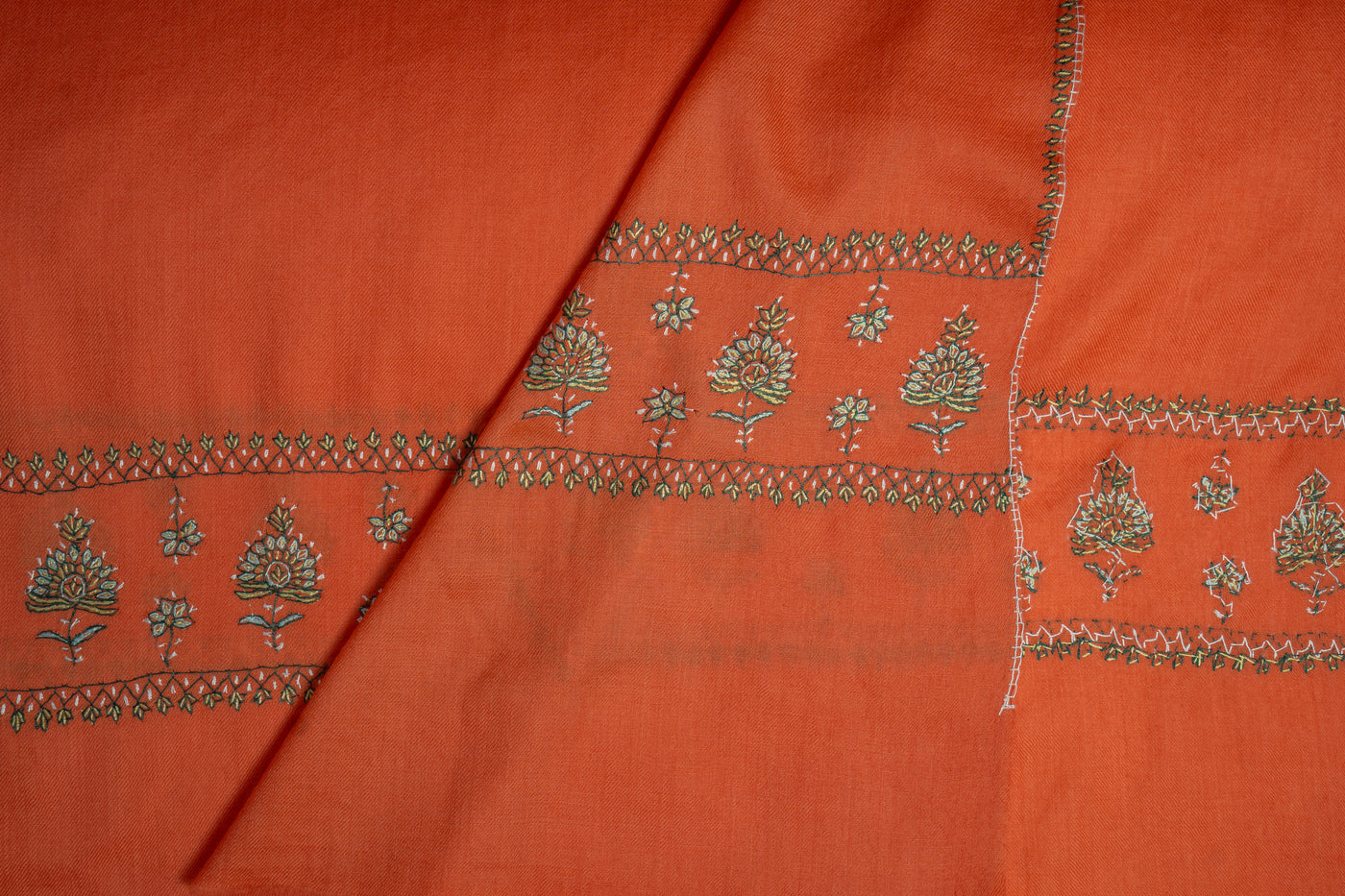 Tangerine Glow: Sozni-Embroidered Merino Wool Scarf