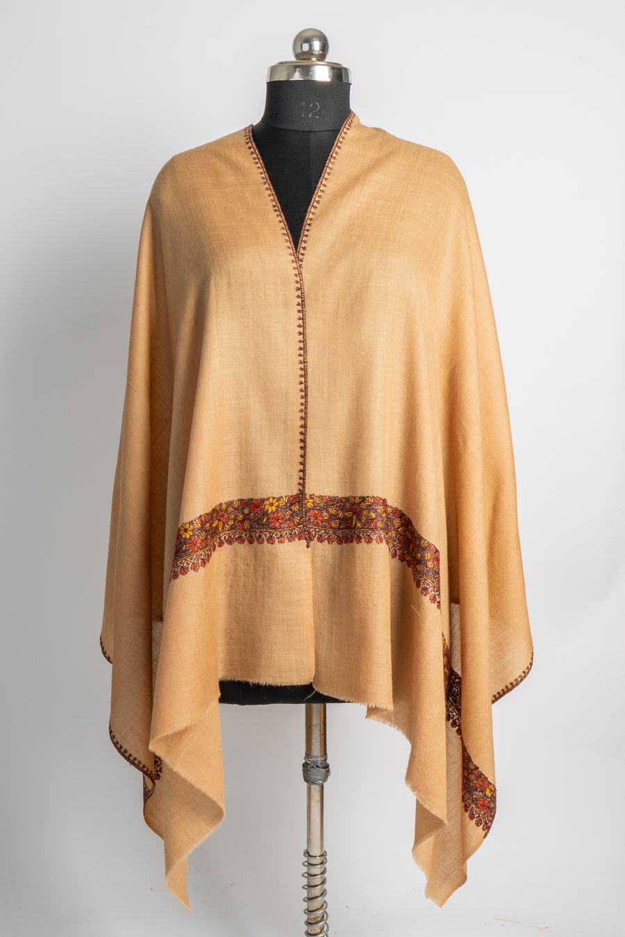 Saffron Sunset: Hand-Embroidered Sozni Merino Wool Stole