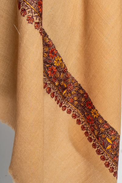 Saffron Sunset: Hand-Embroidered Sozni Merino Wool Scarf