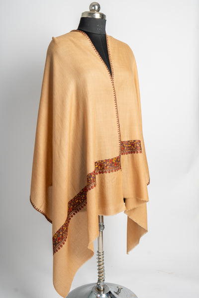 Saffron Sunset: Hand-Embroidered Sozni Merino Wool Scarf