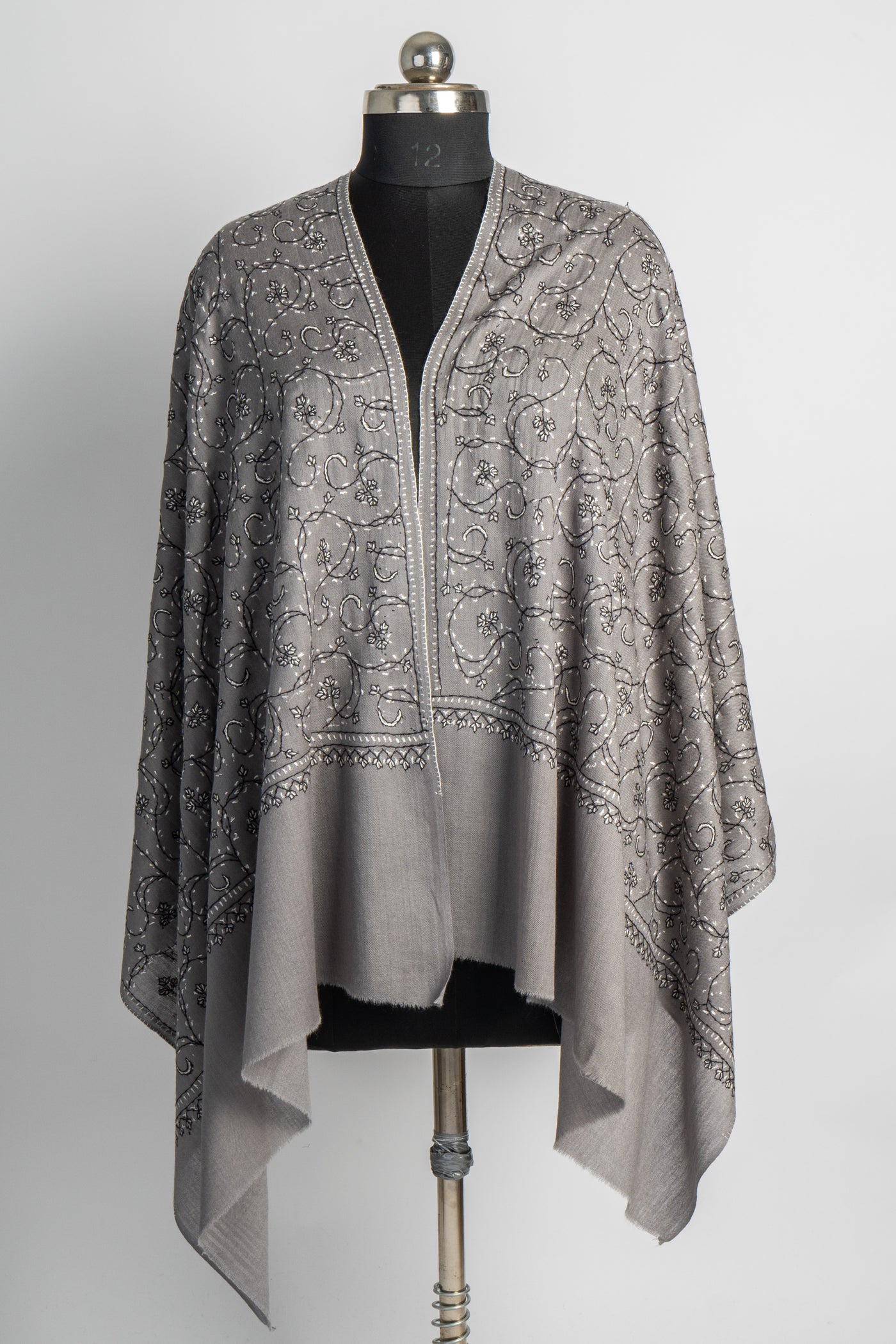 Silver Whisper: Sozni Hand-Embroidered Merino Wool Scarf