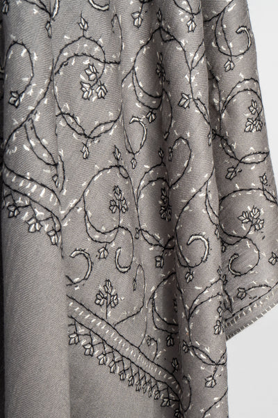 Silver Whisper: Sozni Hand-Embroidered Merino Wool Scarf