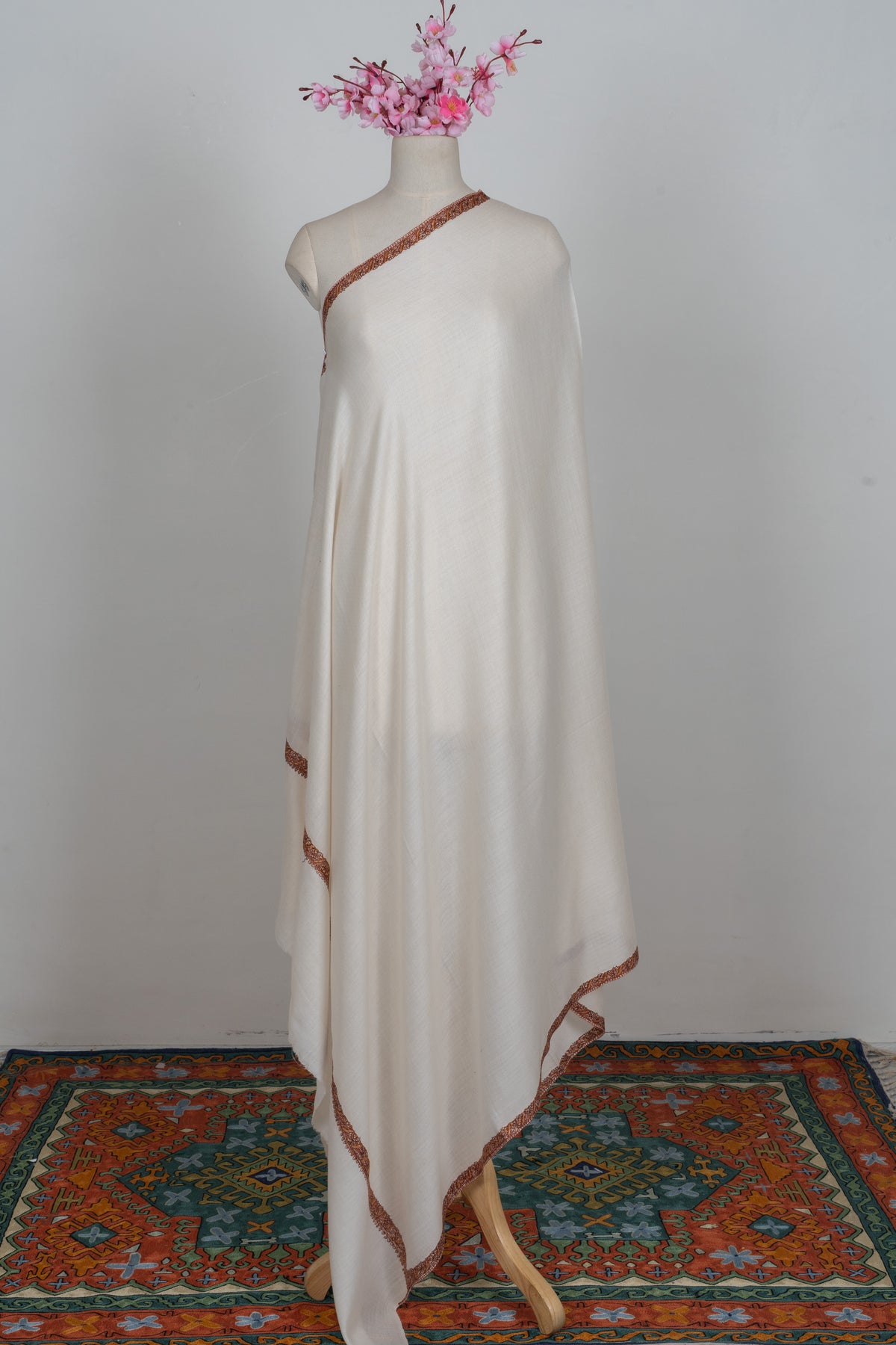 Ivory Radiance Merino wool 2.5 Yards Sozni Hand Embroidered Shawl