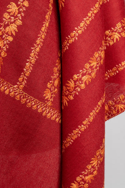 Crimson Splendor: Sozni Embroidered Merino Wool Scarf