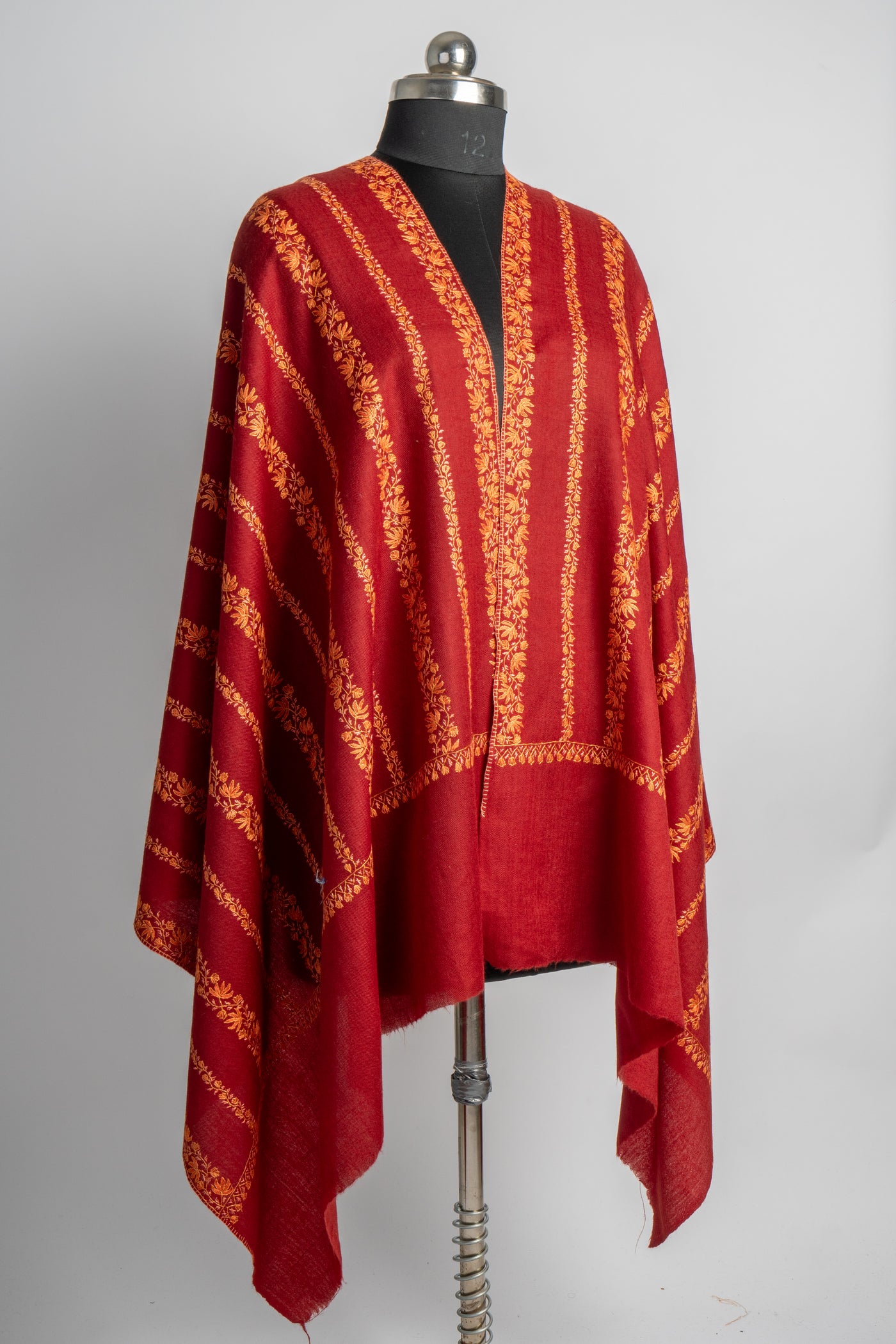 Crimson Splendor: Sozni Embroidered Merino Wool Scarf