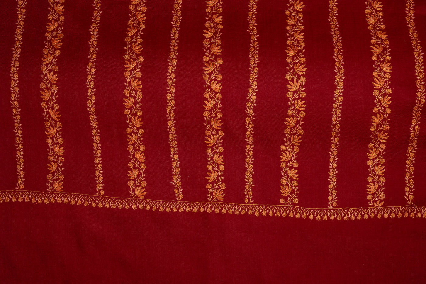 Crimson Splendor: Sozni Embroidered Merino Wool Scarf