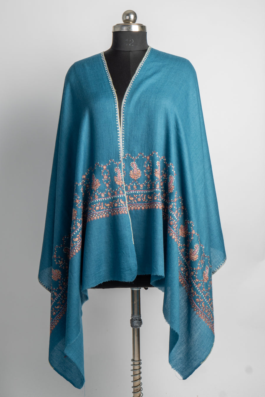 Oceanic Splendor: Hand-Embroidered Sozni Merino Wool Stole