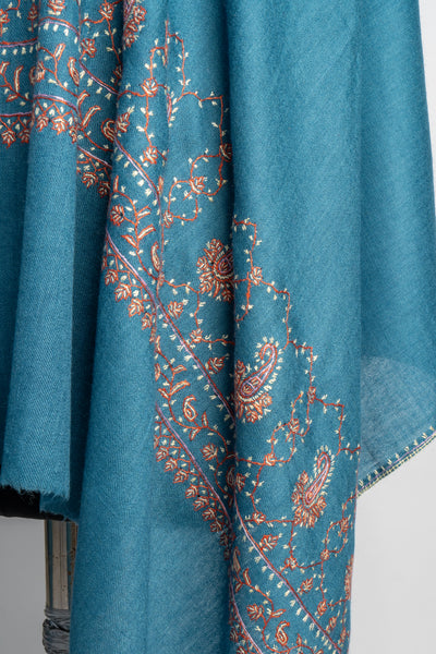 Oceanic Splendor: Hand-Embroidered Sozni Merino Wool Scarf