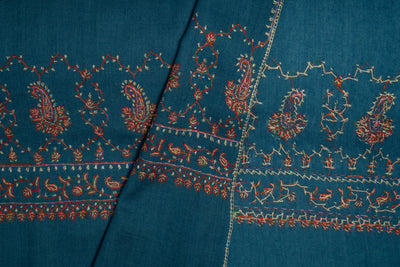 Oceanic Splendor: Hand-Embroidered Sozni Merino Wool Scarf