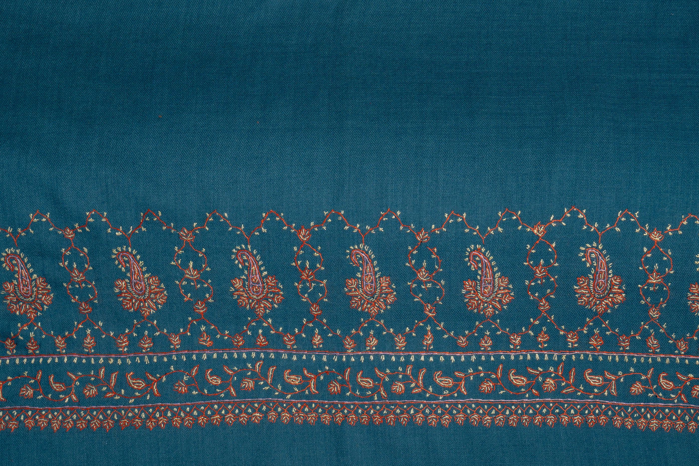 Oceanic Splendor: Hand-Embroidered Sozni Merino Wool Scarf