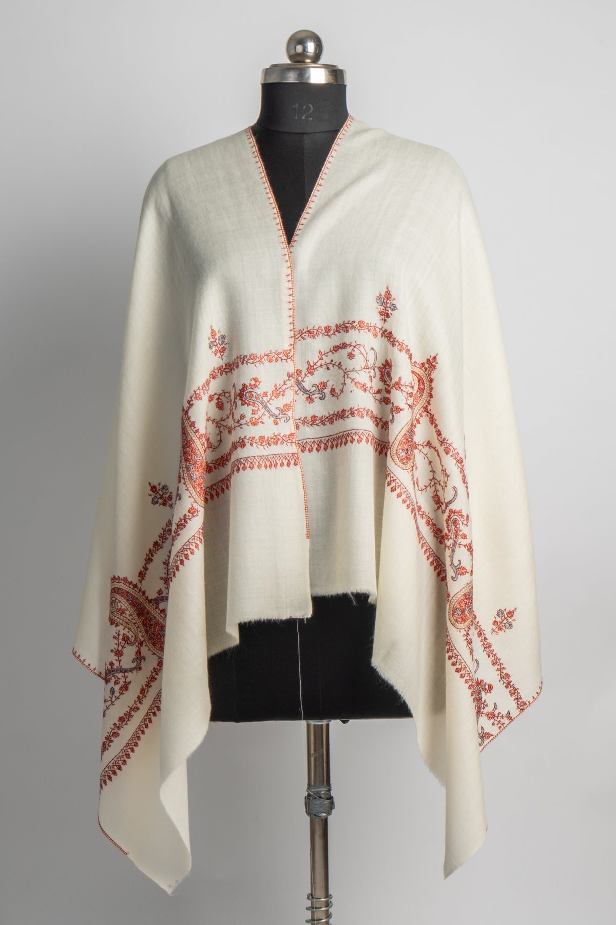Ivory Vine: Hand-Embroidered Sozni Merino Wool Stole