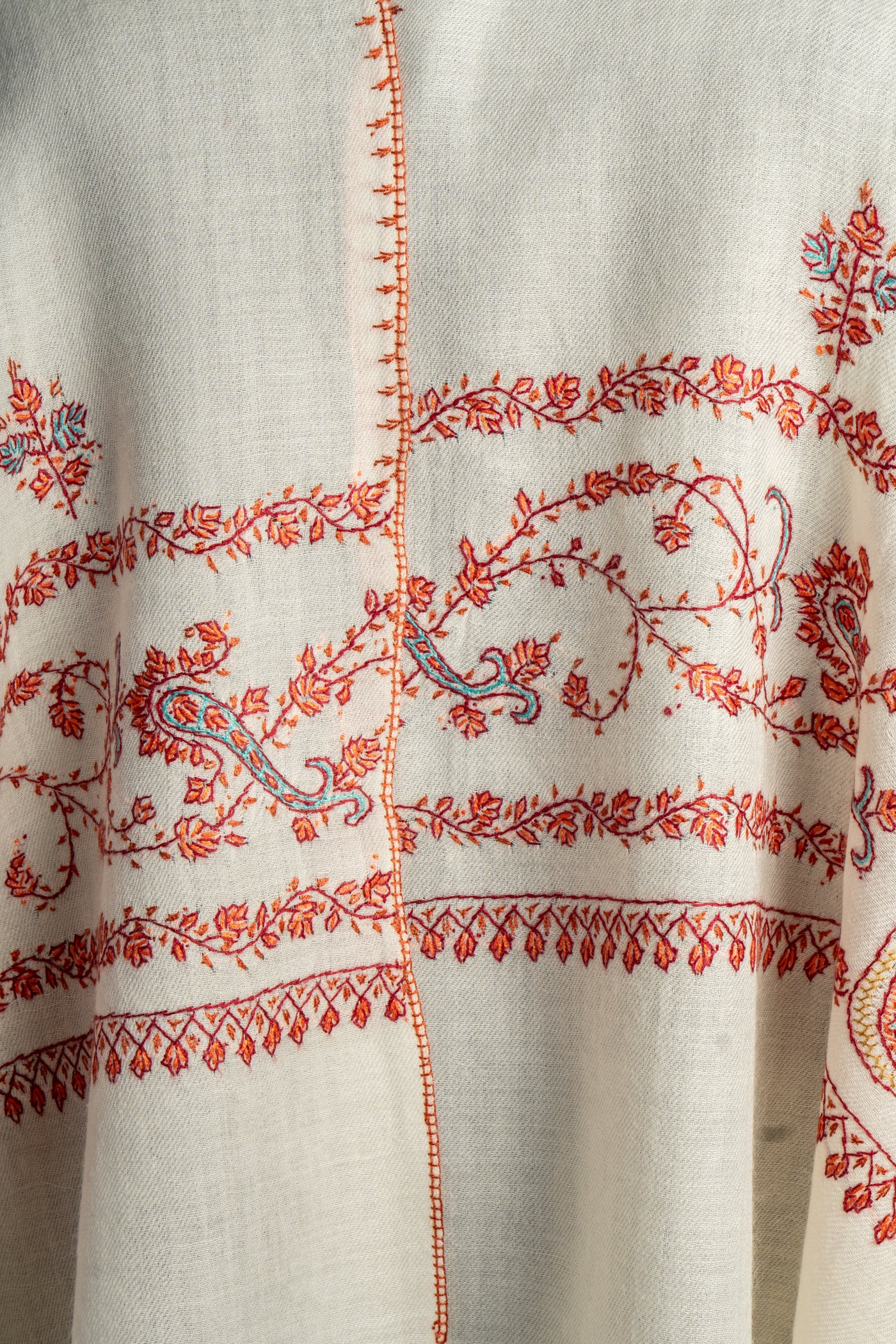 Ivory Vine: Hand-Embroidered Sozni Merino Wool Scarf