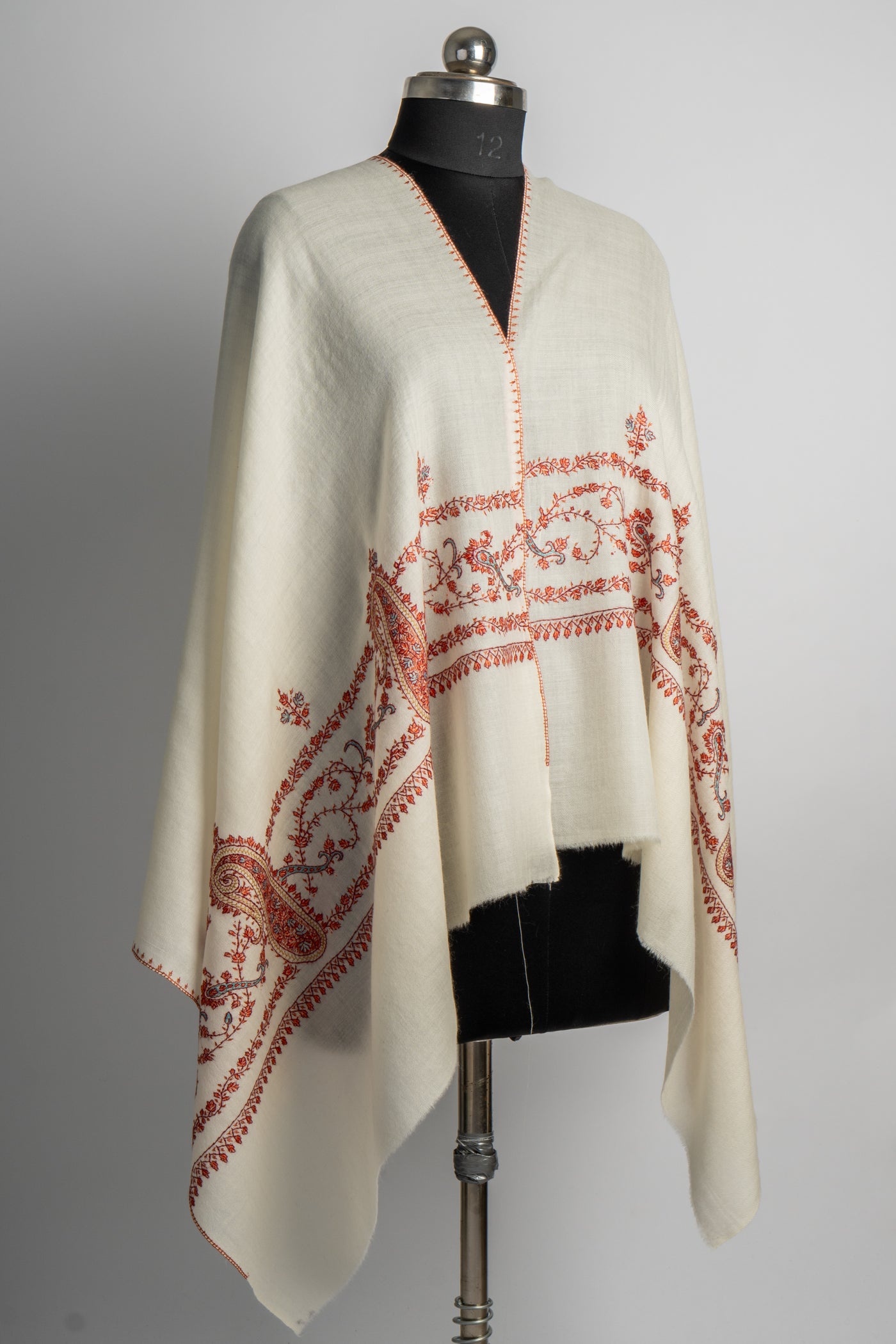 Ivory Vine: Hand-Embroidered Sozni Merino Wool Scarf