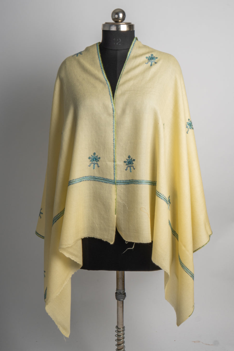 Buttercream Bloom: Sozni Hand-Embroidered Merino Wool Stole