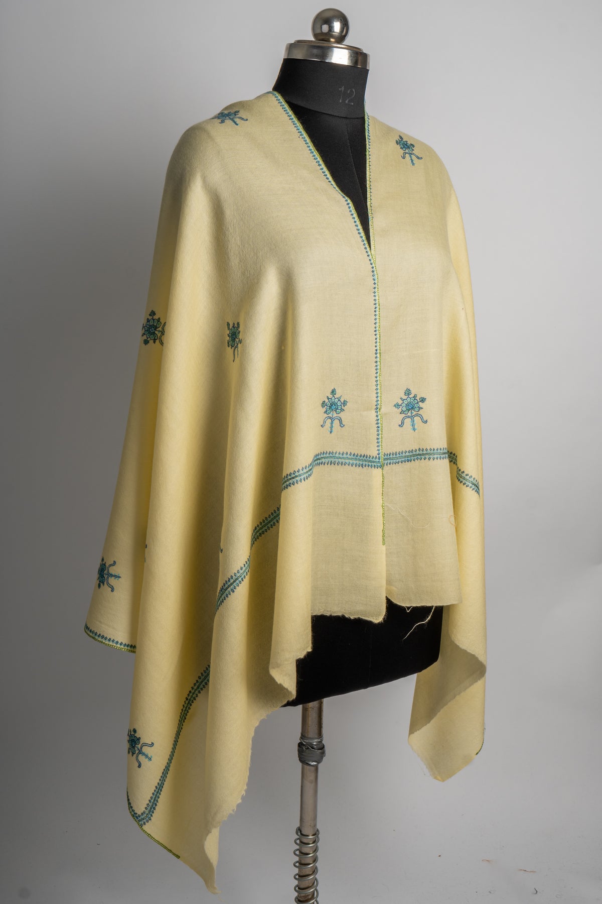 Buttercream Bloom: Sozni Hand-Embroidered Merino Wool Stole