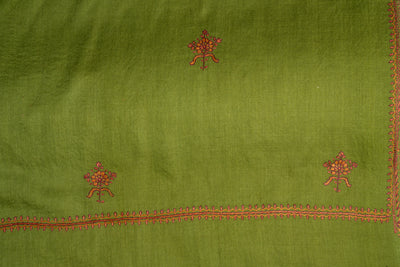 Verdant Grace: Hand-Embroidered Sozni Merino Wool Scarf