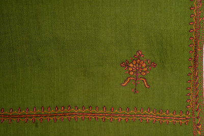 Verdant Grace: Hand-Embroidered Sozni Merino Wool Scarf