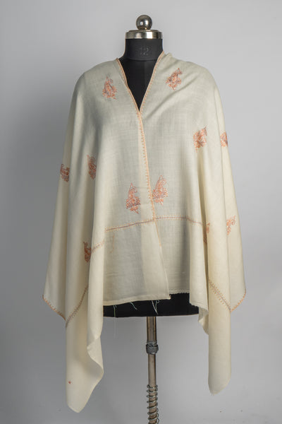 Ivory Serenity: Sozni Hand Embroidered Merino Wool Scarf