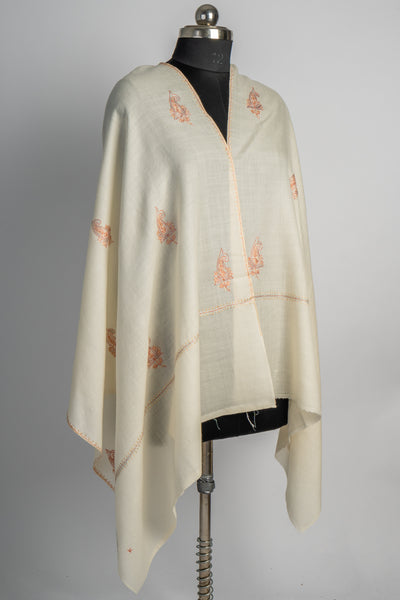 Ivory Serenity: Sozni Hand Embroidered Merino Wool Scarf