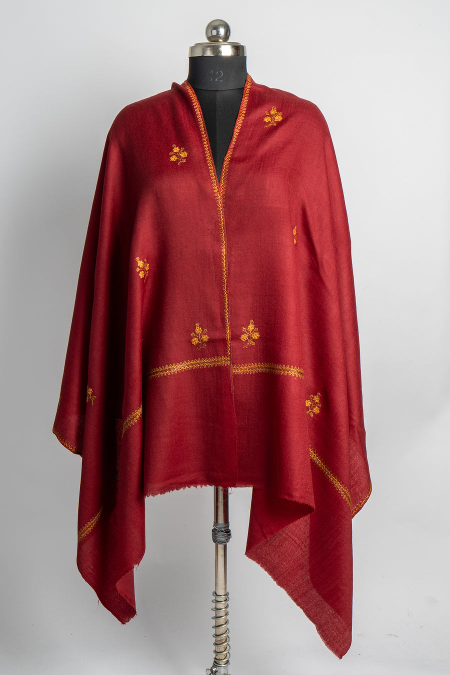 Crimson Sunset: Hand Embroidered Sozni Merino Wool Stole