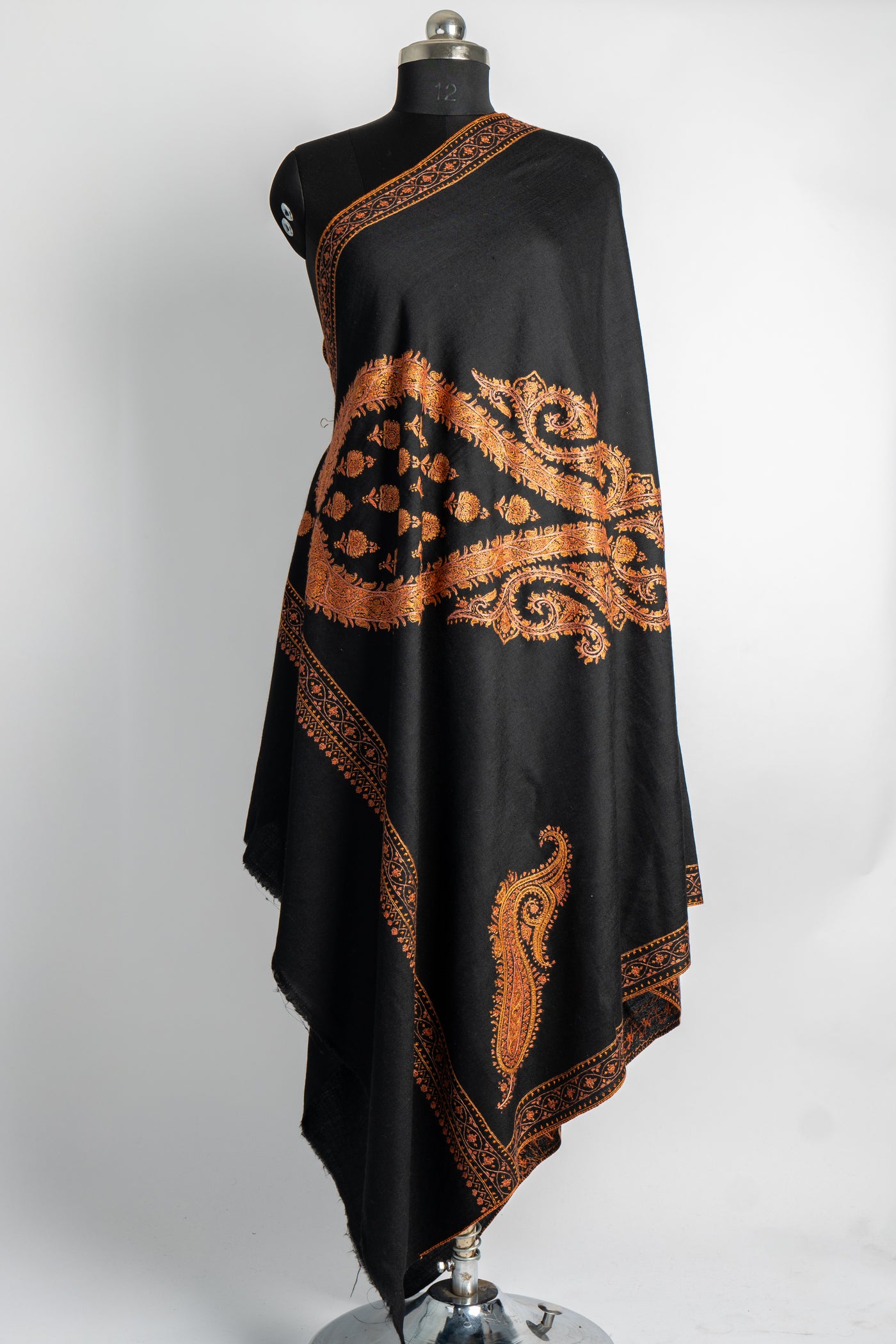 Midnight Opulence: Sozni Hand Embroidered Merino Wool Shawl