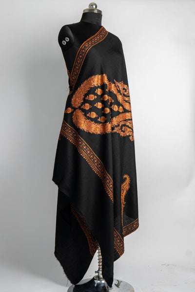 Midnight Opulence: Sozni Hand Embroidered Merino Wool Shawl