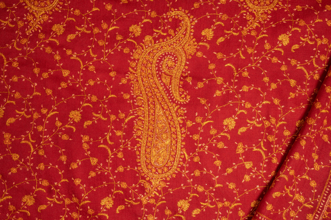 Ruby Splendor: Hand Embroidered Sozni Merino Wool Shawl