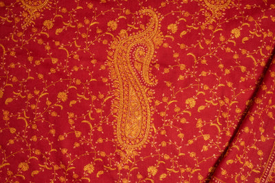 Ruby Splendor: Hand Embroidered Sozni Merino Wool Shawl