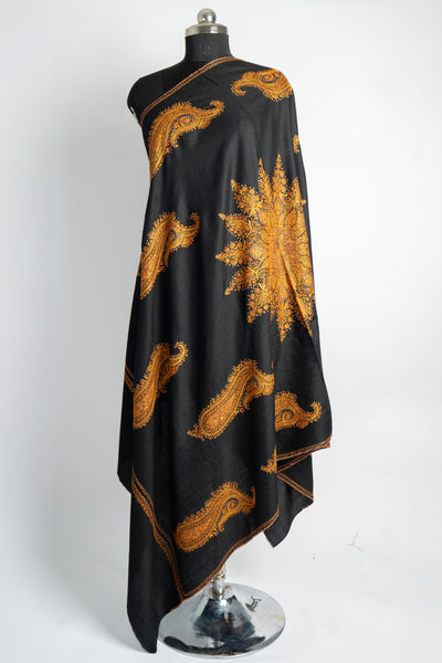 Sunburst Elegance: Hand Embroidered Sozni Merino Wool Shawl