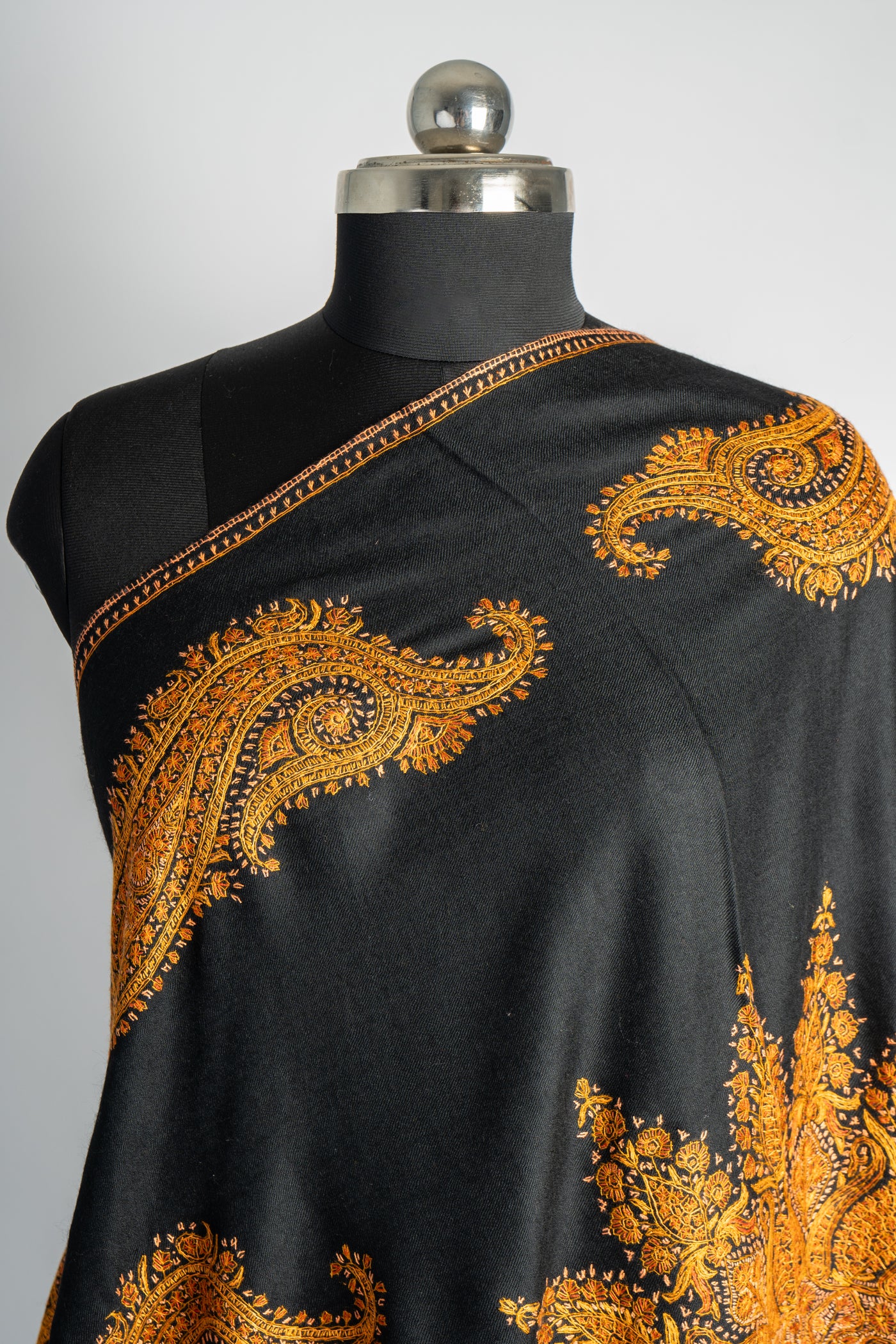 Sunburst Elegance: Hand Embroidered Sozni Merino Wool Shawl