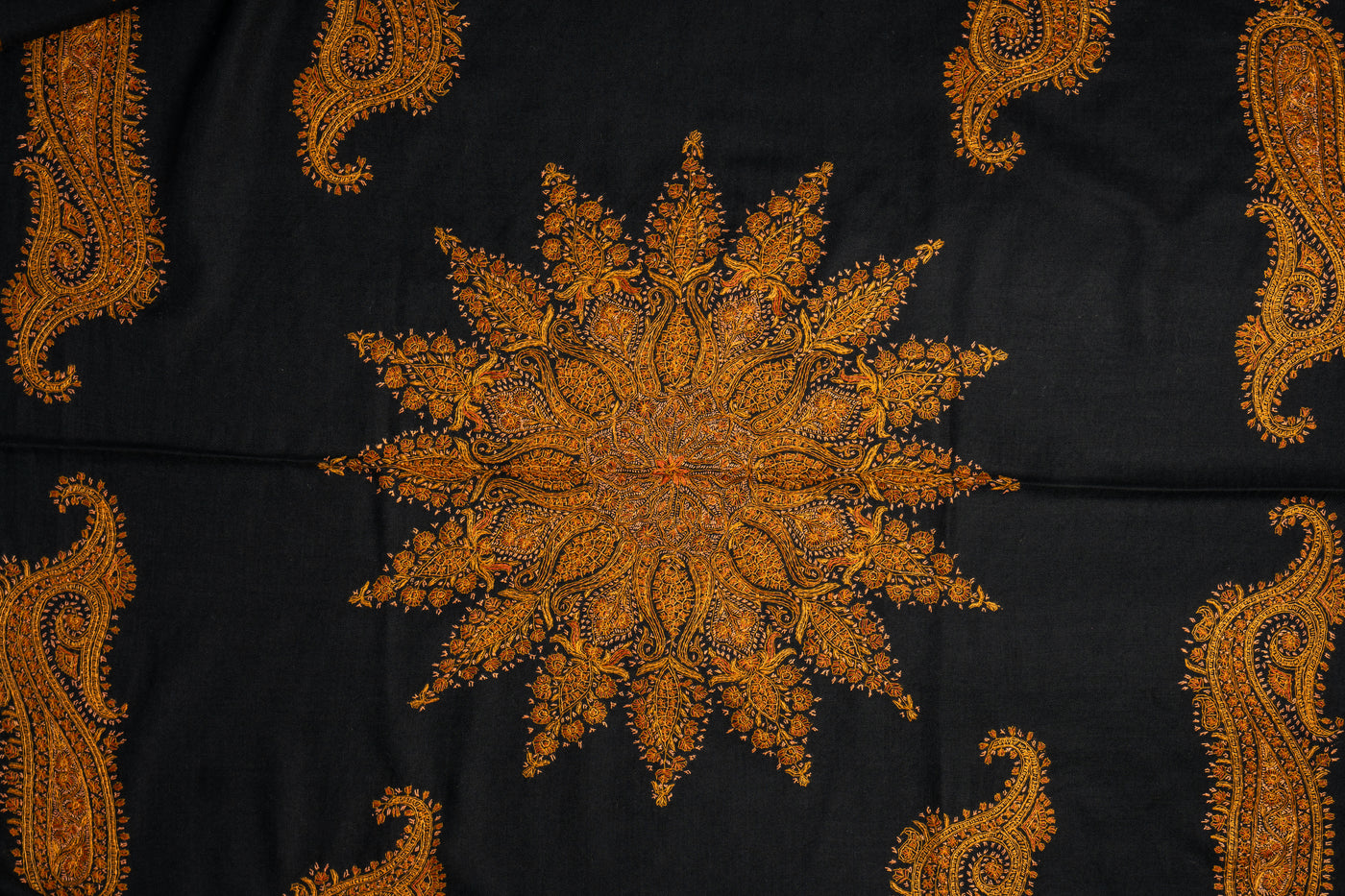 Sunburst Elegance: Hand Embroidered Sozni Merino Wool Shawl