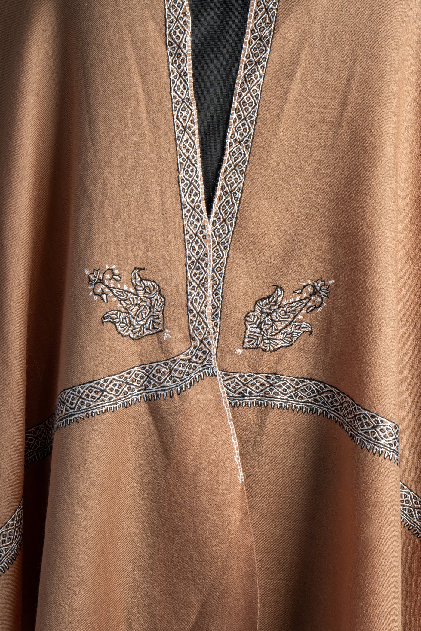 Bronze Elegance: Sozni Hand-Embroidered Merino Wool Scarf