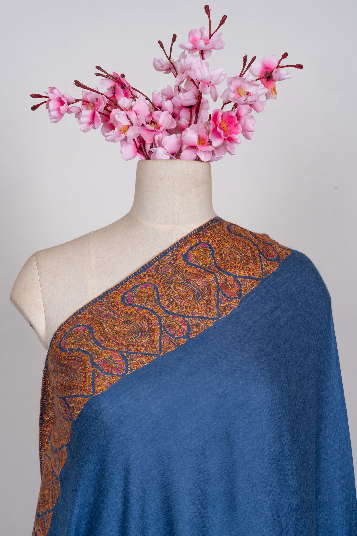 Royal Indigo Merino wool 2.5 Yards Sozni Hand Embroidered Shawl