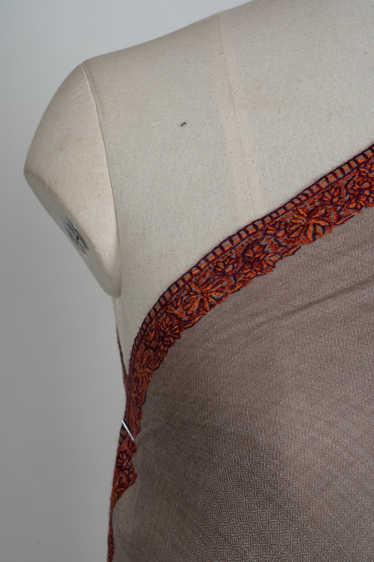Warm Mocha Merino wool 2.5 Yards Sozni Hand Embroidered Shawl