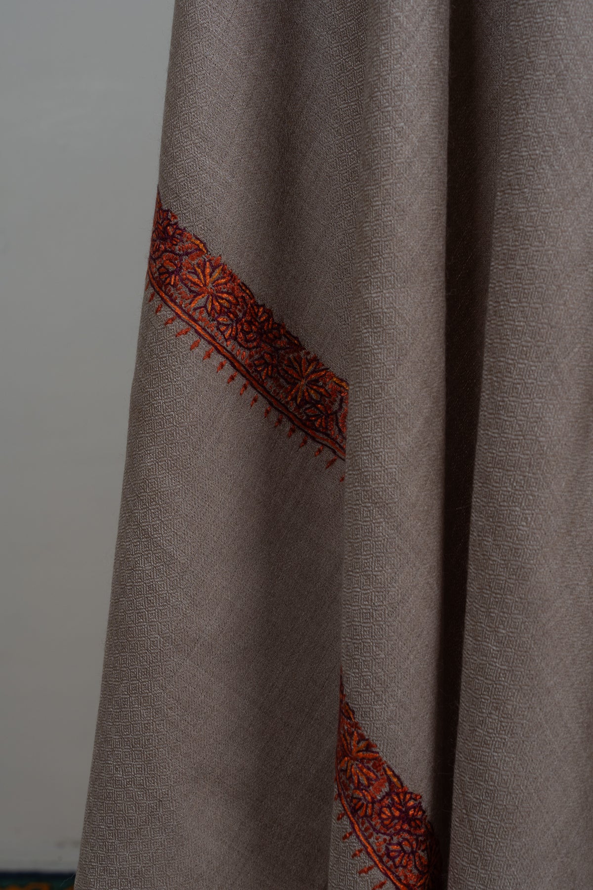 Warm Mocha Merino wool 2.5 Yards Sozni Hand Embroidered Shawl