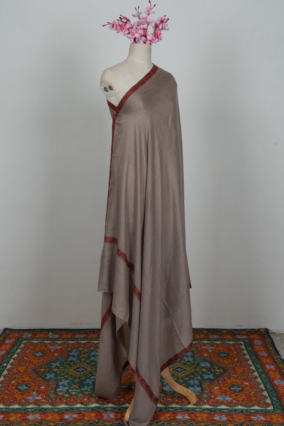 Warm Mocha Merino wool 2.5 Yards Sozni Hand Embroidered Shawl