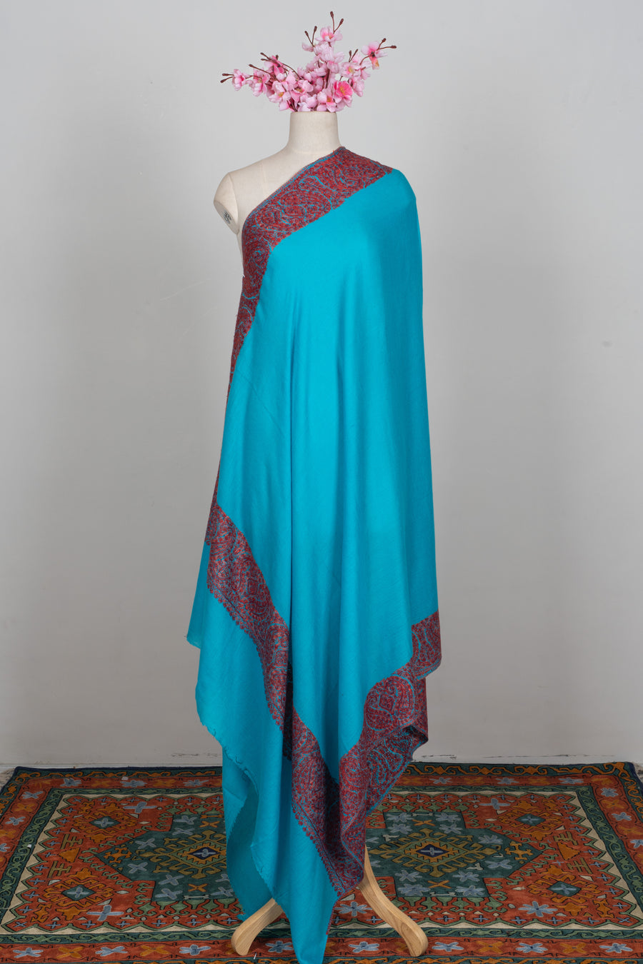Turquoise Aura Merino wool 2.5 Yards Sozni Hand Embroidered Shawl
