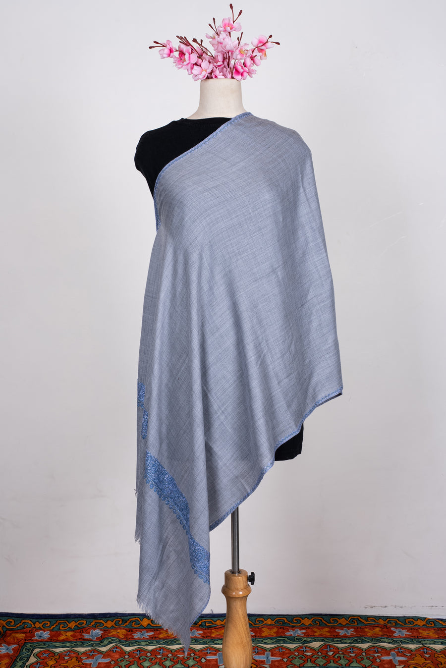 Hand Embroidered Fine Merino Wool Scarf in Powder Blue