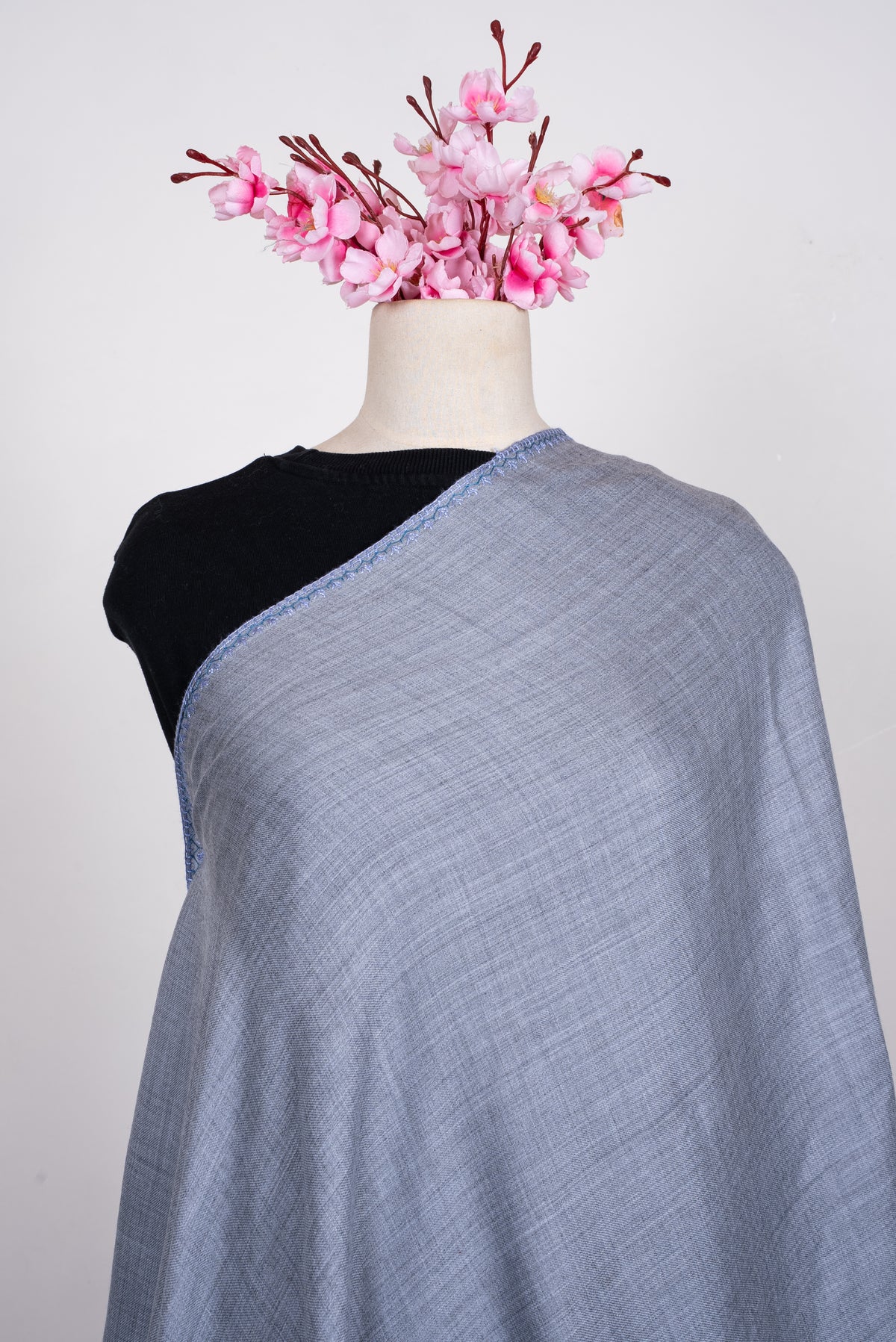 Hand Embroidered Fine Merino Wool Scarf in Powder Blue