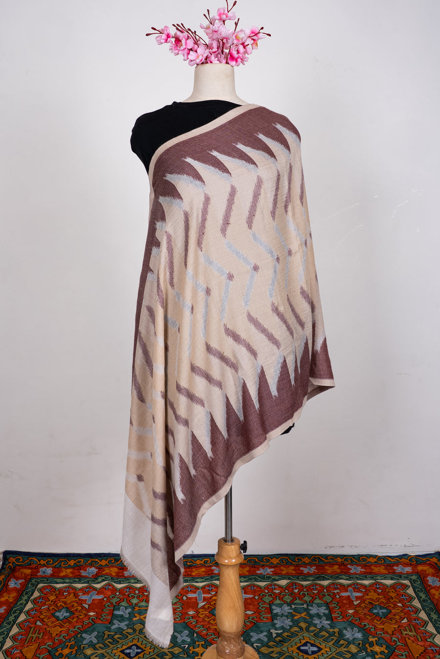 Fine Merino Wool Scarf in Beige and Mocha Abstract Pattern