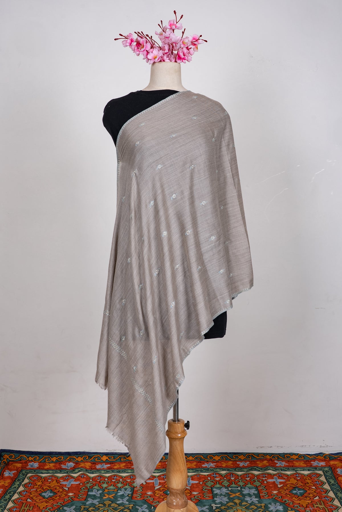 Hand Embroidered Scarf in Dove Grey with Delicate Floral Buti